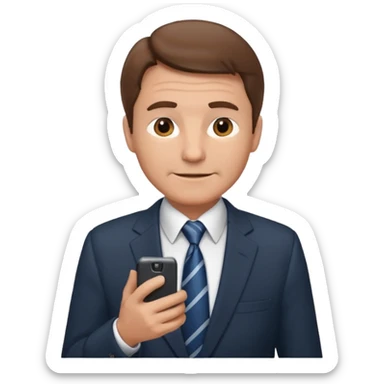 Un hombre  mayor con leve sonrisa de traje con tez clara pelo color castaño, vestido con traje camisa y corbata y celular en mano .  sticker