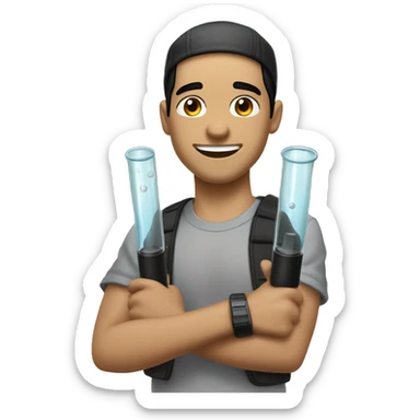 "Light-skinned Latino male with short black hair, wearing a backward cap front to back. Brown eyes, slightly thick lower lip, smiling. Holding a test tube in one hand and a video game controller in the other. Cartoon style sticker