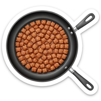 A 3D cartoon frying pan with minced meat being cooked, top view, realistic texture, Memoji-style. sticker