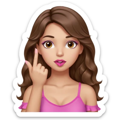 girl with long wavy brown hair, brown eyes, light to medium complexion, in a pink sexy top, pink lips, long lashes, silent motion with the hand one finger up by the mouth sticker
