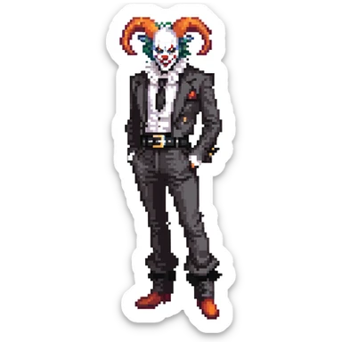 full-body demonic clown in black and white leisure suit with bellbottom pants, bald, black ram horns, flashy black and white belt, ruffled white shirt, no neck tie, large fangs sticker
