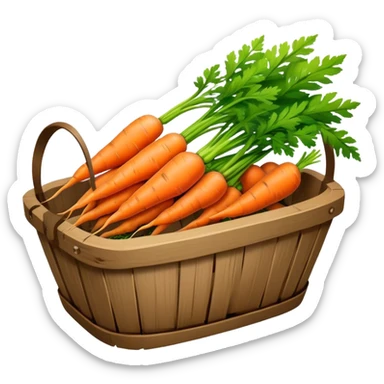 Cinematic vibrant orange carrot, crisp and fresh, slightly twisted with green leafy tops, arranged in a rustic wooden basket, natural and inviting. sticker