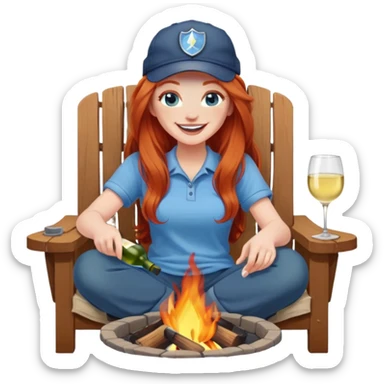 Laughing redhead with long hair and blue eyes wearing cap holding white wine sitting in chair beside fire pit sticker