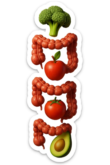 emoji stile iphone in 3d di cibo sano che fluttua in aria vericalmente insieme ùa pezzi di colon umano anatomico, iperrealistico 4k sticker