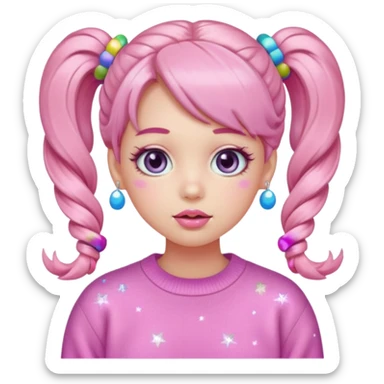 “Emoji girl, pastel pink blush, sparkly wide eyes, glossy bubblegum lips, hair in pigtails with colorful clips, oversized pastel sweater.” sticker