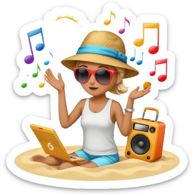 Someone listening to a speaker at the beach. Add some musical notes coming out of the speaker. sticker