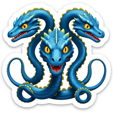 blue hydra, strong reptilian body, not like a snake,  with 3 serpent-like heads rising from its neck sticker
