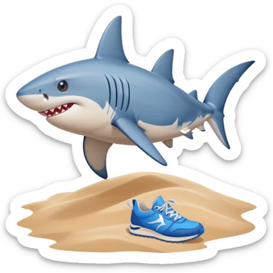 Gray shark that is wearing blue sneakers standing on the sand near a blue ocean  sticker