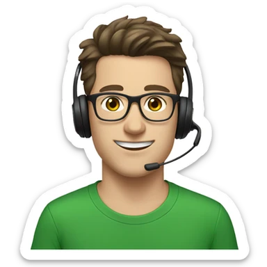white young man with blue eyes and dark brown hair and square glasses wearing green t-shirt with headset sticker