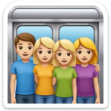 five happy people, mixed genders, friendly and close, inside subway car similar to Apple emoji subway with colorful exterior, wearing t-shirts in various light colors, Apple emoji style sticker