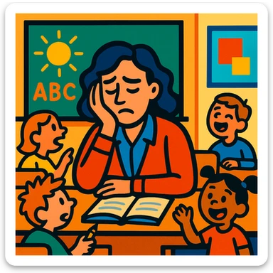 exhausted teacher in a bustling classroom sticker