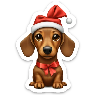 Brown Dachshund wrapped in holiday paper with red bow on head sticker