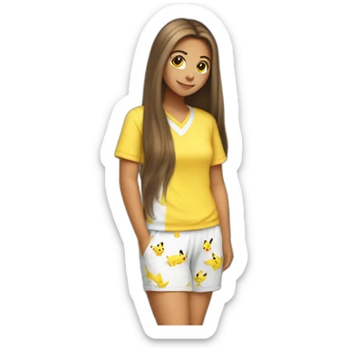 Brown straight long hair white woman wearing pikachu pyjama sticker