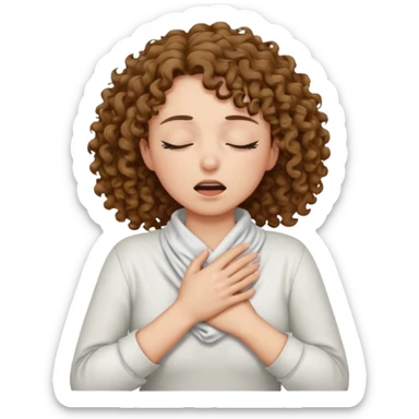 make a choking emoji with both hands wrapped around the neck and eyes closed make the skin tone white and shirt brunette curly hair sticker