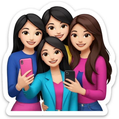 3 girl friends, one with black long hair light skin. one with brown hair long and the last girl one with black with brown medium length hair. Glammed up and hugging  and one talking a selfie and all of them smiling and looking girly all same skin tone  sticker