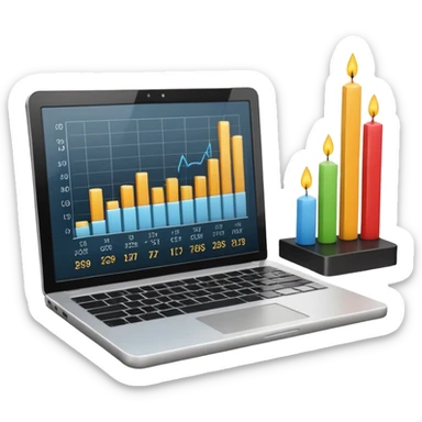 Minimal 3D emoji style laptop with stock market chart on screen, candlestick chart and small line graph, financial trading interface, neutral colors, professional look, clean shading, no bright colors, no brand logos, isolated on transparent background, modern emoji design sticker