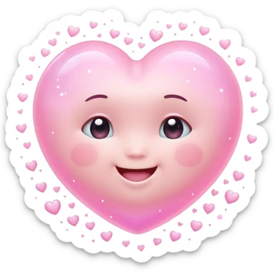 Cinematic floating soft heart, chubby round edges, pastel pink glow, tiny smiling face, surrounded by dreamy sparkles, gentle and loving. sticker