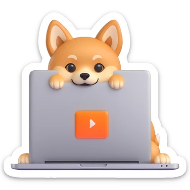 expressive Shiba Inu dog mascot Horus with tan orange fur and pointy ears, peeking from behind a silver MacBook with glowing screen, modern iOS Genmoji style, 3D, rounded, soft shadows, glossy, tight centered framing, white or transparent background, adorable and emoji-like sticker