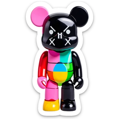 Bearbrick figure with classic KAWS crossed-out X eyes, colorful bear-shaped collectible toy with articulated limbs sticker