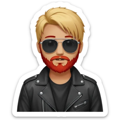generate an ios genmoji of a 20 year old tan boy with black sunglasse Wearing a leather jacket. Has a dyed blonde beard and veryyyyy long red sticker