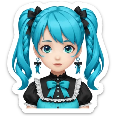anime-style female character with bright turquoise hair styled in twin tails and matching blue eyes. Her outfit is a frilly turquoise and black dress in a Lolita-esque style, heavily contrasted with black ribbons and trim. A key detail is the "AWP" logo in black on the chest. VERY happy variant sticker