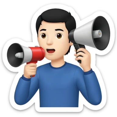 man with black hair using a megaphone sticker