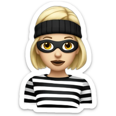 bank robber blonde woman with black beanie hat eye mask and striped shirt sticker