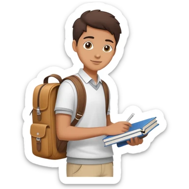A flat-style illustration of a university student, holding a few textbooks and wearing a messenger bag. Clean, modern cartoon style, white background, iOS emoji aesthetic. sticker
