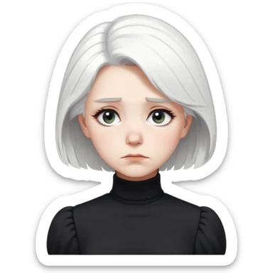 A Victorian woman with simple coiffed white hair and light eyes wearing a simple monochrome black turtleneck mourning dress with puffed sleeves looking down with a forlorn, miserable expression sticker