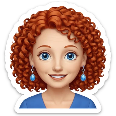 una profesora mayor simpática con el pelo rojo rizado, ojos azules, vestido azul y pendientes azules hablando sticker