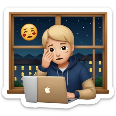 tired student with laptop, window at night behind, hand covering face, apple style emoji sticker