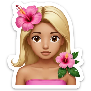 tan girl with blonde hair and brown highlight streaks with a hibiscus flower in her hair wearing a pink tube top with tan lines showing sticker