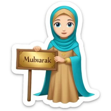 Turkish beautiful finish Konya girl blue eyes with gold hijab and islamic long tailed turquoise dress on the ground at her home garden and had on her hand text Eid Mubarak  sticker