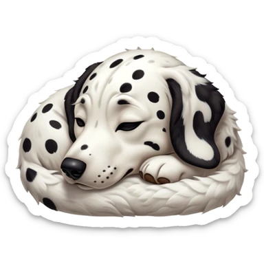 Meme-Worthy Cute Sleeping Spotted Dalmatian Portrait Emoji, Head resting peacefully with a contented smile, showcasing a delightfully majestic build and a luxuriously soft Fur of predominantly white with bold black patches, eyes shut in a serene nap, Simplified yet hilariously adorable features, highly detailed, glowing with a soft, drowsy light, high shine, relaxed and utterly lovable, stylized with an air of playful laziness, bright and heartwarming, soft glowing outline, capturing the essence of a comically sleepy guardian, so meme-worthy it feels like it could instantly become the next viral sensation of adorable slumber! sticker