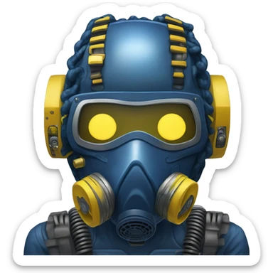 Dark Blue curly hair cyborg head with yellow respirator mask and circuitry sticker