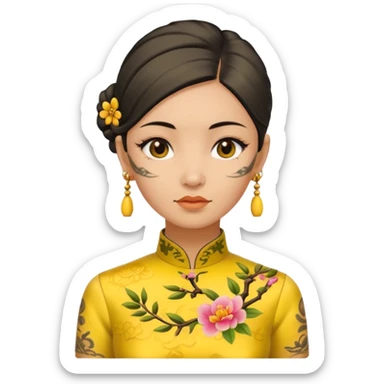 ancient woman with tatooed on neck and face and yellow cheongsam sticker
