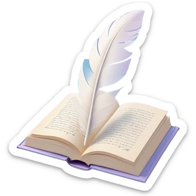 Create a delicate and poetic emoji representing poetry. The design should feature several elegantly flying pages with short poetic columns written on them. The pages should appear light and flowing, almost as if being carried by the wind. Include a white feather gently resting on the pages, symbolizing creativity and inspiration. Use soft, pastel tones like light blues, purples, and creams to give it a dreamy, artistic feel. The design should feel ethereal and whimsical, capturing the essence of poetry. Make the background transparent. sticker