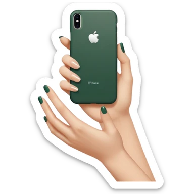 female hand with nude manicure (5 fingers) holding a white iPhone in a dark green case, minimalism, side view, emoji style sticker