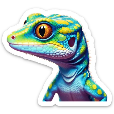 Cinematic Comical Gecko Portrait Emoji, Head tilted dramatically with an exaggeratedly shocked expression, featuring a compact, agile body with wide, comically expressive eyes and a quirky pattern of scales, Simplified yet hilariously expressive features, highly detailed, glowing with a slightly sassy tropical glow, high shine, dramatic yet playful, stylized with an air of quirky reptilian mischief, soft glowing outline, capturing the essence of a meme-worthy gecko that seems ready to scamper its way into viral fame! sticker