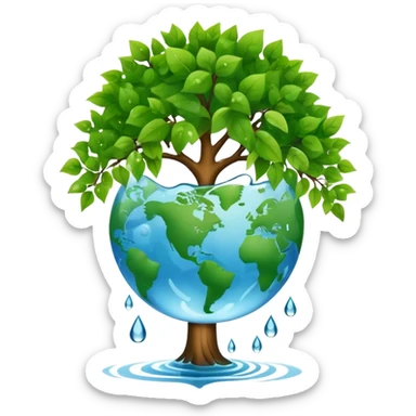 An icon featuring a tree, a recycling symbol, and a globe, representing ecology. The design includes green leaves, a water droplet, and wildlife, symbolizing the study of ecosystems, sustainability, and environmental protection. Transparent background. sticker