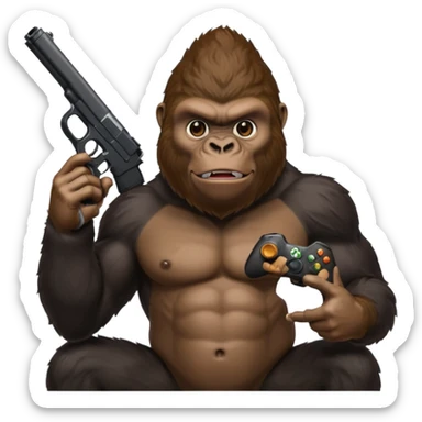 A gorilla holding a gun in the air with a Xbox controller  sticker