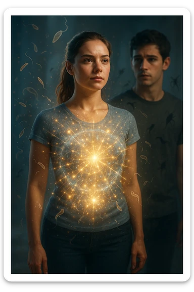 A hyper-realistic, cinematic image showing a young woman with a glowing, radiant aura symbolizing a very strong immune system. She stands confidently, surrounded by a dynamic shield of light particles and molecular energy swirling around her body, especially focused around her abdomen and chest. Against this luminous barrier, faint translucent representations of parasites—small worm-like and protozoan shapes—attempt to approach her but are visibly repelled or disintegrating upon contact with the shield. Nearby, a young man representing her boyfriend is shown with subtle, shadowy parasite silhouettes near him, some reaching toward her but unable to penetrate her immune defenses. The background is softly blurred to keep the focus on the energetic battle at the forefront, with cool blues and warm golds contrasting to symbolize health, vitality, and defense. The lighting is dramatic yet hopeful, with a cinematic 35mm film style emphasizing sharp detail on her determined face and the swirling protective energy. The overall tone conveys resilience, protection, and the unseen battle inside the body. sticker