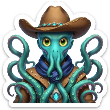 Close-up portrait of a tentacled alien cowboy, subtle glowing bioluminescent skin, tentacles partially hidden under a cowboy scarf, mysterious expression, dramatic shadow lighting, high detail, sci-fi western fusion
 sticker