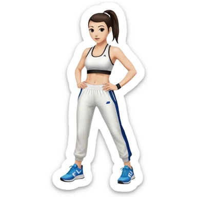 Melanie chisholm with a dark brown high ponytail wearing a sports bra and track pants with sneakers sticker
