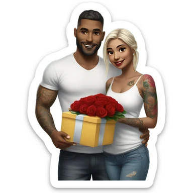 Hyper Realistic beautiful woman receiving a gift and a bouquet of roses from a handsome tattooed man  sticker