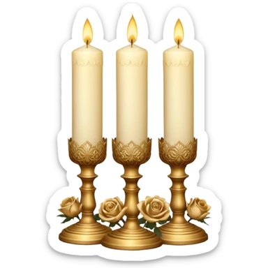 Victorian Candle Set
A cluster of tall, ivory candles in ornate golden holders. Some are carved with lace-like patterns, others wrapped in translucent brown ribbon and dried golden roses. sticker