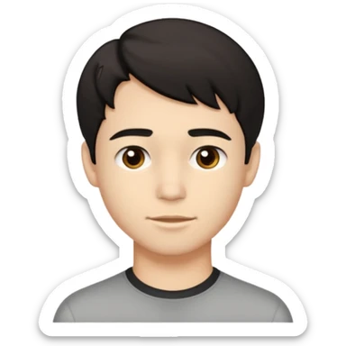 A young man with light skin tone, short wavy black hair parted to the side, large brown eyes, and a neutral expression with a small closed-mouth smile. sticker