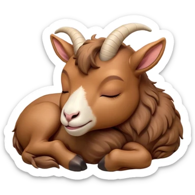 Meme-Worthy Cute Sleeping Brown Goat Portrait Emoji, Head resting peacefully with a contented smile, showcasing a robust build and a luxuriously soft brown fur, eyes shut in a serene, restful nap, Simplified yet hilariously adorable features, highly detailed, glowing with a soft, drowsy light, high shine, relaxed and utterly lovable, stylized with an air of playful laziness, bright and heartwarming, soft glowing outline, capturing the essence of a comically sleepy goat, so meme-worthy it feels like it could instantly become the next viral sensation of adorable slumber! sticker