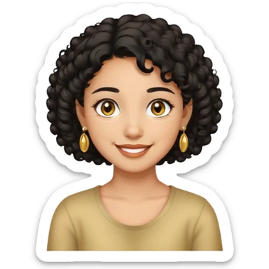 Girl showing happiness, medium skin tone, short curly black hair, gold earrings, hazel eyes sticker