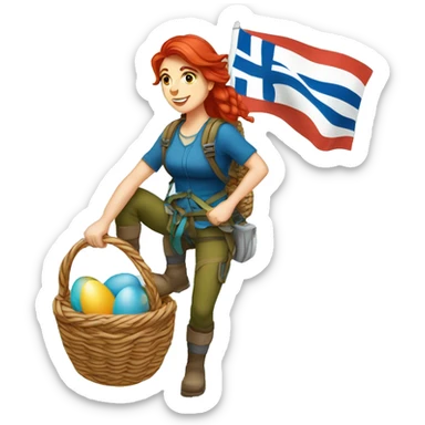 Female mountaineer red hair climbing with Easter eggsbasket and Greek flag sticker